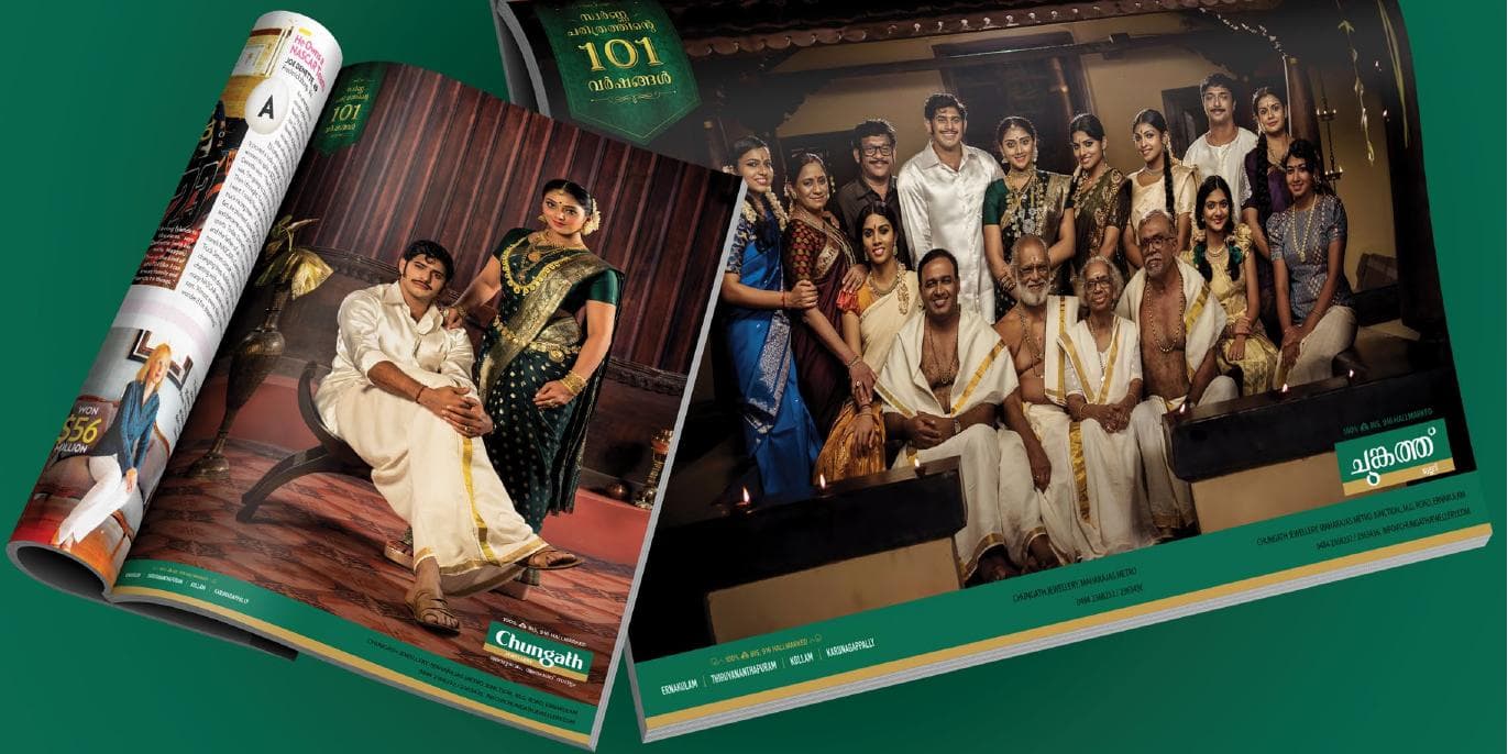 Chungath Jewellery 101-years rebrand magazine spread, an ensemble cast in traditional Kerala white and gold.