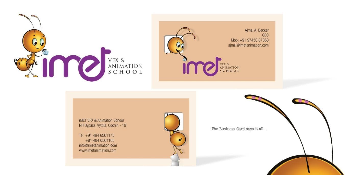 IMET VFX & Animation School identity with its ant mascot and stationery.