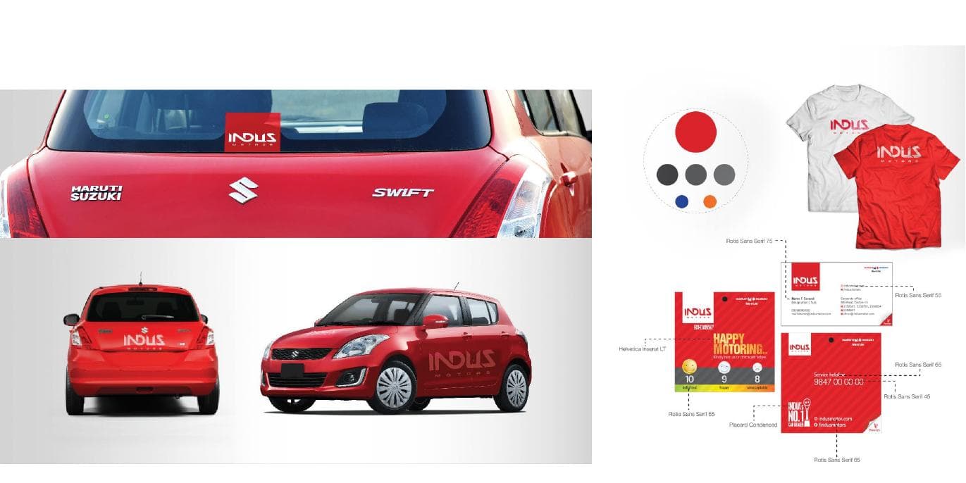 Indus brand system applied to a fleet of cars, livery and stationery.